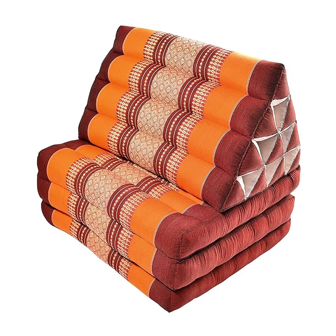 Zafuko Three-Fold Thai Cushion - Burgundy/Orange - Organic Water-Resistant Kapok Filling, Multi use Including meditaiton, Lounging, Reading, Stretching.