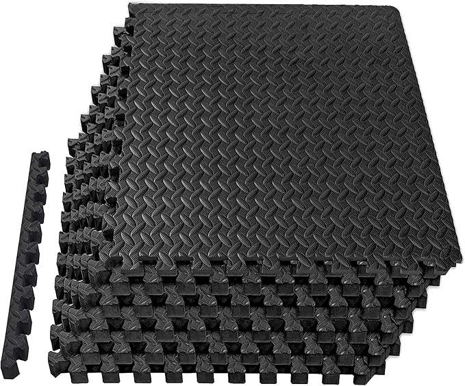 Mat Block EVA Exercise Floor Mats: Interlocking Foam Tile Performance Mats - 6 Tiles (Area: 24 SQ FT) 1/2 inch Thickness, EVA Home Gym Exercise Floor Mats for All Exercises or Equipment, Black