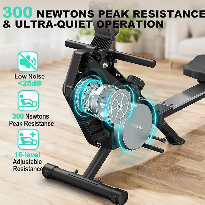 Rowing Machine Magnetic Rower with 16 Resistance Levels, Quiet Home Rowing Machine for Cardio Training, APP Connection, 160 kg Load Capacity, Vertical Storage