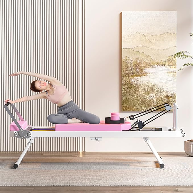 Pilates Reformer Machine for Home Gym, Foldable Pilates Machine Equipment with High Strength Alloy Springs for All Level Users, Up to 330lbs