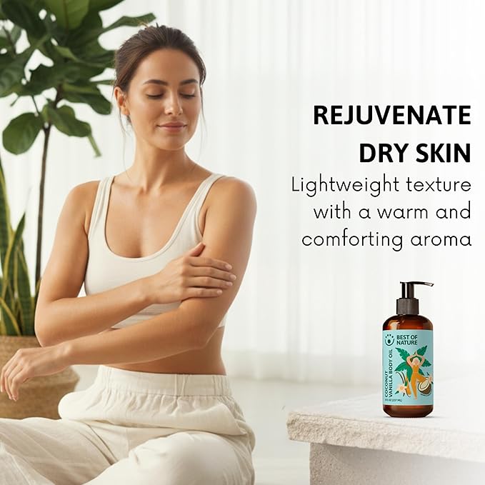 Best of Nature Coconut Vanilla Massage Oil – Lightweight Body Oil for Smooth, Silky Skin, Soft Coconut Vanilla Scent, Ideal for At-Home Massage & Daily Moisturizing, 8 fl oz