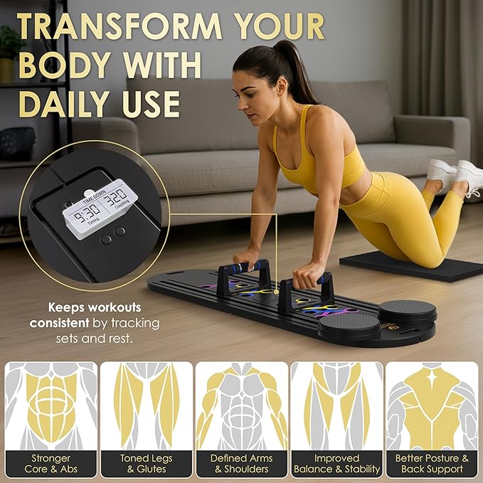 Pilates Reformer Board, 7-in-1 Foldable Pilates Board Kit with Timer, Guided Home Workouts w Resistance Bands & Ball - at Home Pilate Reformer AB Core Machine, Exercise Fitness Slider Equipment