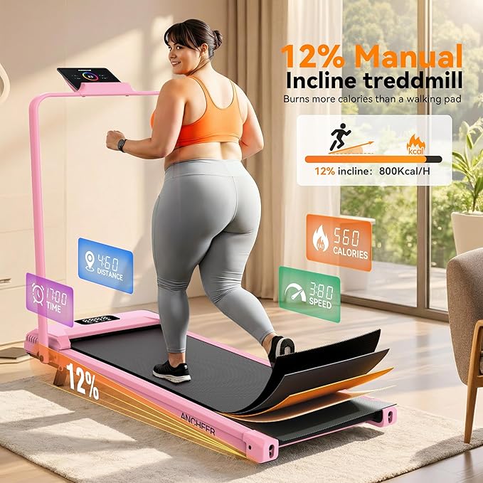 ANCHEER Treadmill with 12%/15% Incline, Folding Walking Pad with Handle Bar, 320-450lb Capacity Under Desk Foldable 3.5HP Treadmills for Home/Office/Gym,Installation-Free