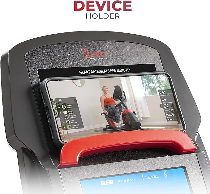 Sunny Health & Fitness Smart Recumbent Bike with Pulse Sensors, Home Cycling Workout Machine w/Cushion Seat & Mesh-Backrest, Free SunnyFit App Connection, Optional Programmable & Electro-Magnetic