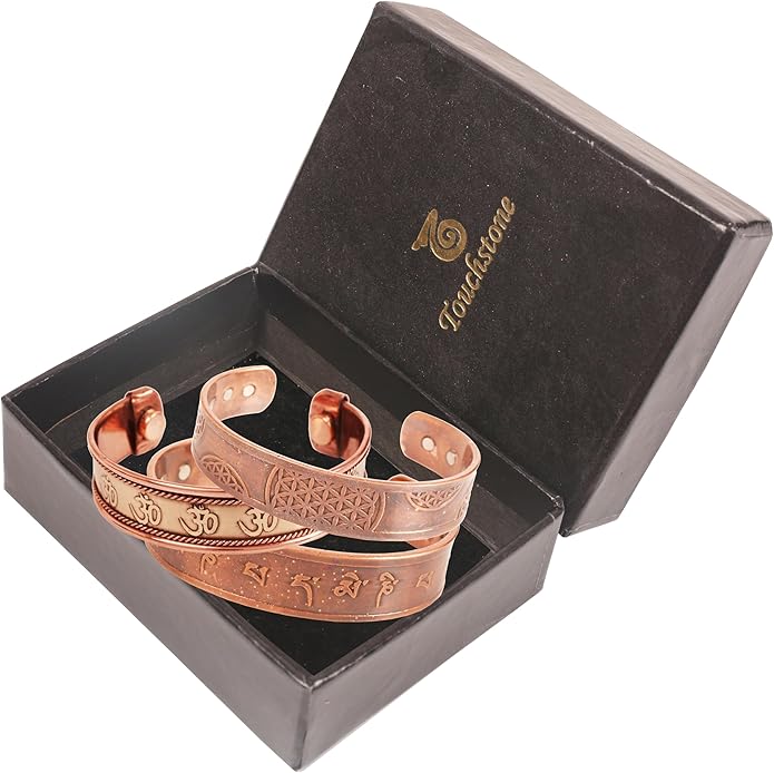 Touchstone copper bracelets | gift for men women |adjustable 100% pure solid real magnetic jewelry | handmade bracelet set combo | rope braided tibetan bangles.