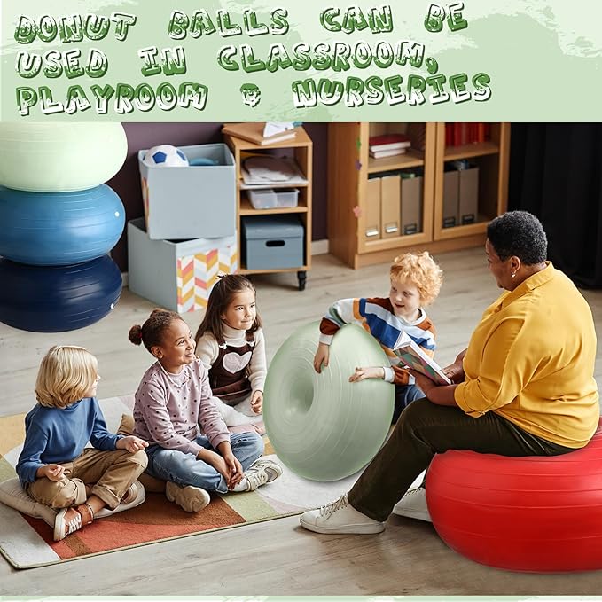 Libima 4 Pcs Flexible Seating for Classroom Inflatable Yoga Ball Chairs with Pump Donut Exercise Ball Chair Cushion Seat for Balance and Stability Training Home Office Gym Workout