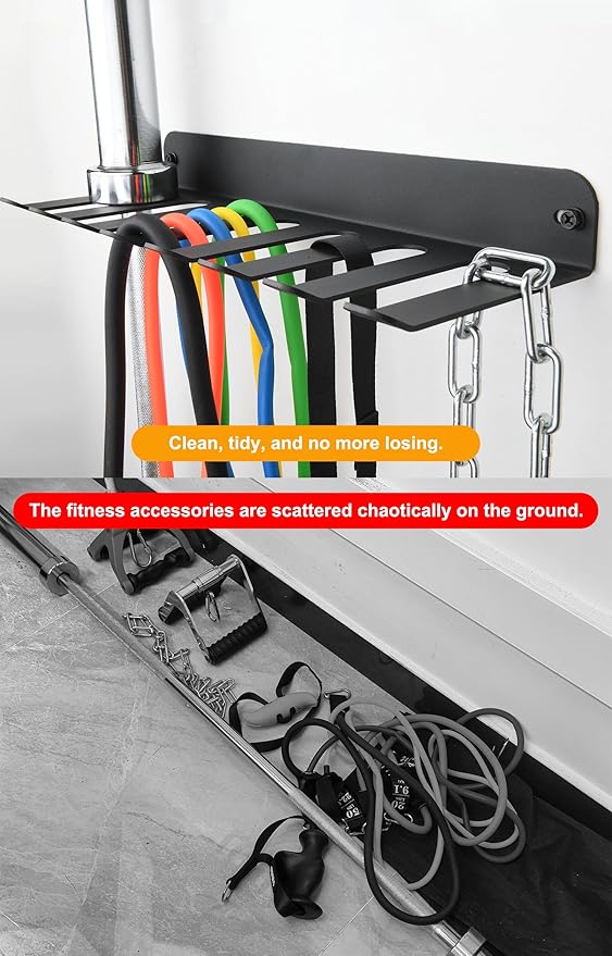 Performance Seven Bars Holder Storage,Custom Powder Coated HEAVY-DUTY STEEL Mount Wall Rack Storage Rack,Weight Room Organizer with 8 Wall Hooks for Exercise Bands Jump Ropes Chains Lifting Belts 3mm Black 8 Tooth