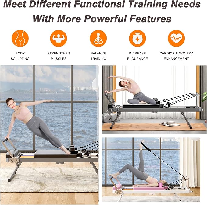 Pilates Reformer Machine, Foldable Pilates Reformer Machine Equipment for Home and Gym, with Dual Resistance, Springs and 5 Cords, Up to 330 lbs