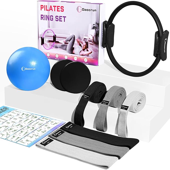 Pilates Ring Set Exercise Equipment, with Exercise Resistance Bands Set, Pilates Ball, Sliding Disks. Portable Home Gym - with Fitness Guide Poster