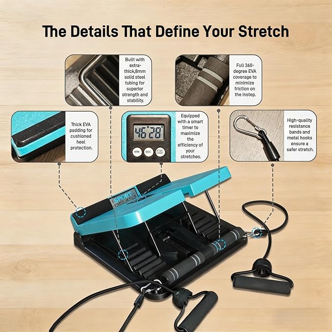Calf Stretch Board with Timer & Resistance Bands, 6-Level Adjustable Slant Board, 450 lb Weight Capacity, Includes Sit-Up Bar for Home Gym & Stretching