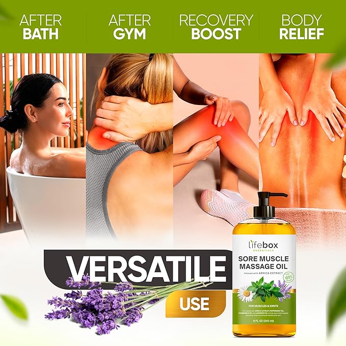 Arnica Sore Muscle Massage Oil – 100% Pure & Natural - Massage Therapy for Muscles & Joints – Body Oil Infused with Arnica Extract, Lavender, Peppermint & Chamomile Oils – 8 FL OZ