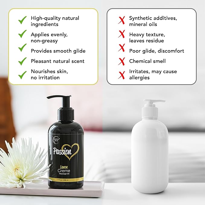 Passion Massage Oil for Date Night | 100% Natural Body Oil for Couples with Jojoba & Almond | Aromatherapy & Relaxing Massage Therapy | Valentines Day Gifts for Her | Lemon Crème Scent