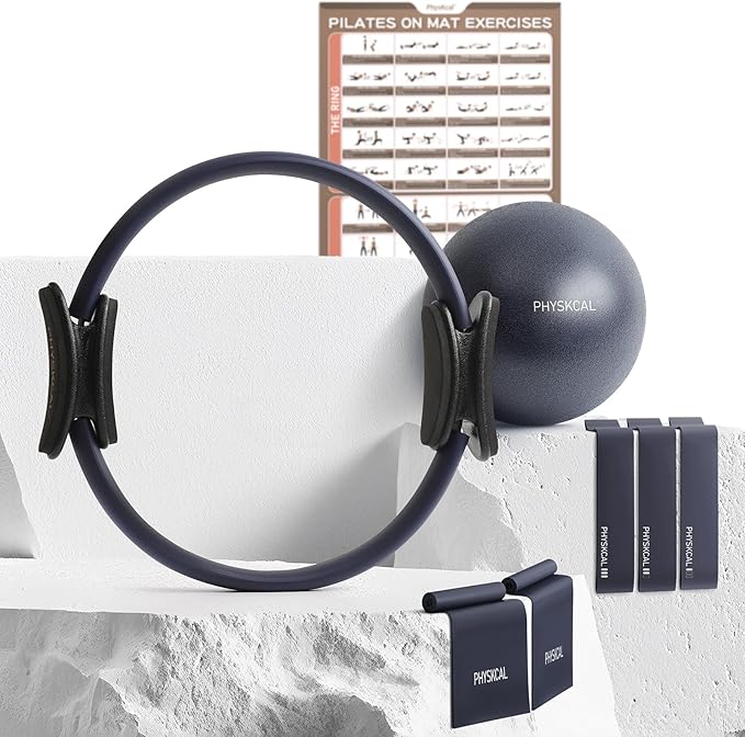 Pilates Kit, 15-Inch Pilates Ring with 1x Core Ball, 3X Resistant Loops and 2X Flex Bands, Home Pilates Equipment Set and Mat Pilates Essential Kit