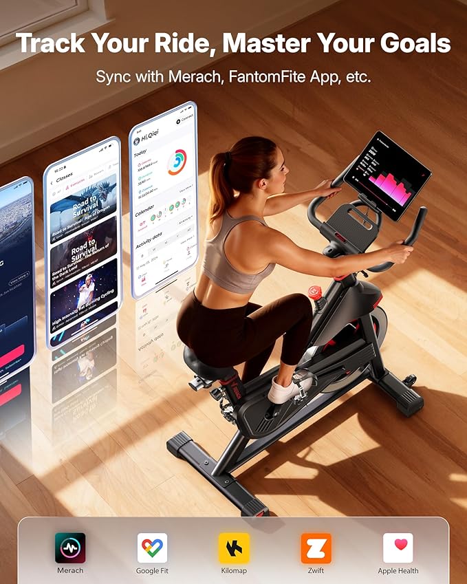 Merach Exercise Bike for Home Gym, Low Noise Stationary Bike with Brake Pad, Indoor Workout Bike with Self-Developed App, Tablet Mount and Fitness Courses for Weight Loss, 300 Lb Weight Capacity