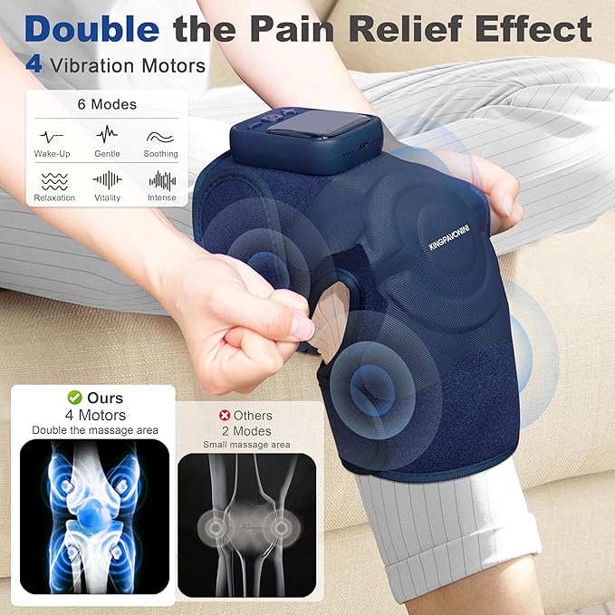 KingPavonini Cordless Knee Massager for Pain Relief, Newly 4 Motors Vibration, 5 Heat Levels, 6 Massage Modes, Knee Heating Pad for Knee Pain, Heated Knee Massager Brace, Gifts for Mom Dad (Blue 1.0)