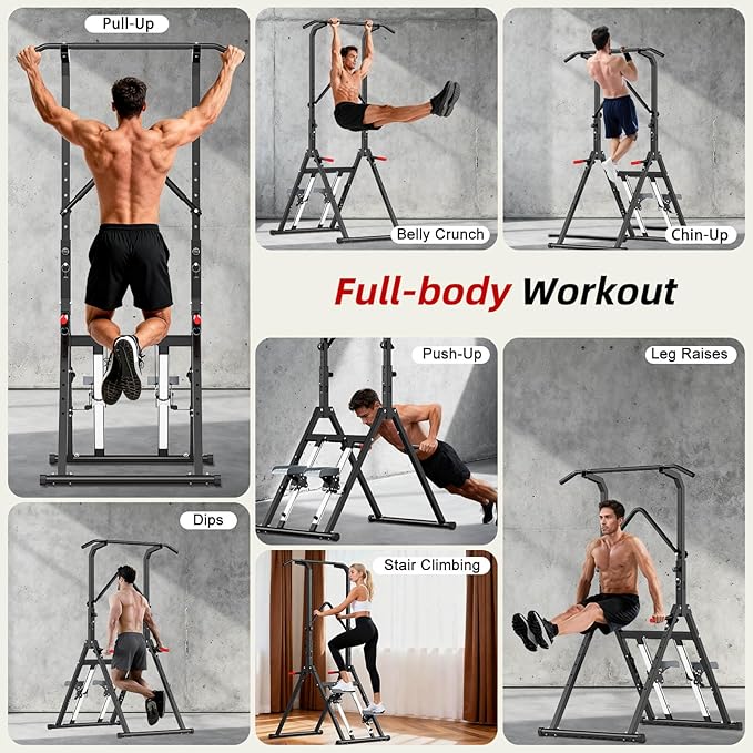 Pull Up Bar Free Standing with Stair Stepper, Adjustable Power Tower Dip Station, Multi-functional Strength Training Pull-up Bars for Home Gym Equipment