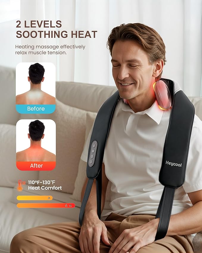 Cordless Neck and Shoulder Massager with Heat, Shiatsu Neck Back Massager Deep Tissue, 3 Massage Intensity & 2 Heating Area, Gifts for Women, Men