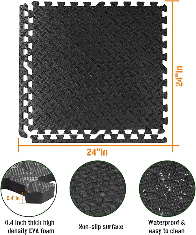 GWT Home Gym Flooring Tiles, EVA Interlocking Puzzle Exercise Mat for Workout Equipment, Floor Protection & Kids Play Area, Black Foam Tiles, 24"x24", 0.4 Inches Thick Covers 48 Sq Ft (12 Tiles) Gray