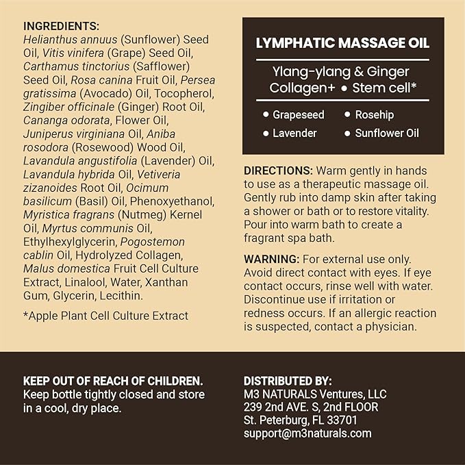 Lymphatic Massage Oil & Roller Kit for Massage Therapy - Ylang Ylang & Ginger Lymphatic Drainage Oil & Massager for Circulation & Detox Support, Non-Greasy Formula & Easy to Use Roller (8 Fl Oz) by M3