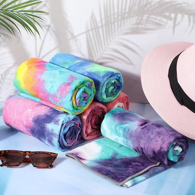 Peryiter 6 Pcs Yoga Towels with Grip Dots 72 x 25 Inch Non Slip Hot Yoga Mat Towel Microfiber Soft Sweat Absorbent Blanket for Gym Pilates Workout Fitness, 6 Tie Dye Colors