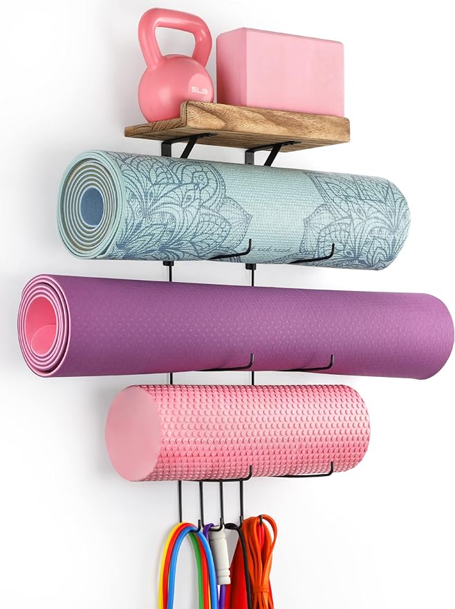 VINAEMO Yoga Mat Holder Accessories Wall Mount Organizer Storage Decor Foam Roller and Towel Storage Rack with 4 Hooks and Wooden Shelves Yoga Mats Rack Resistance Bands for Home Gym School Office