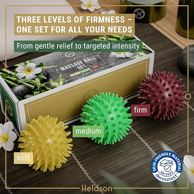 HELDSON® 3 Spiky Massage Balls Set [Soft, Medium, Firm] - Foot Roller Massager Spikes - Spike Trigger Point Ball for Back Pain Relief & Feet - Plantar Fasciitis Deep Tissue Therapy - Spikey Pressure