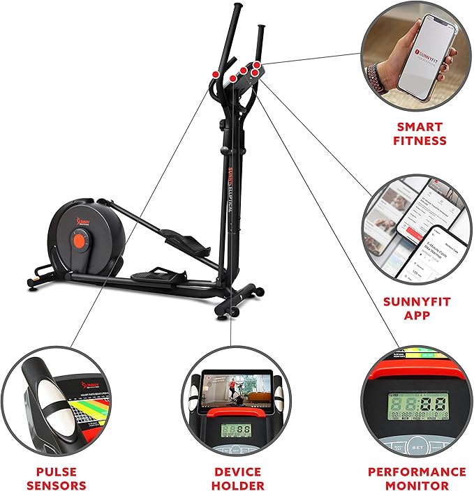 Sunny Health & Fitness Power Stride Smart Elliptical with 17.7" Stride & Pulse Sensor, 16 Level Magnetic Resistance Cross Trainer for Home Full Body Workout with SunnyFit App, Optional Electromagnetic