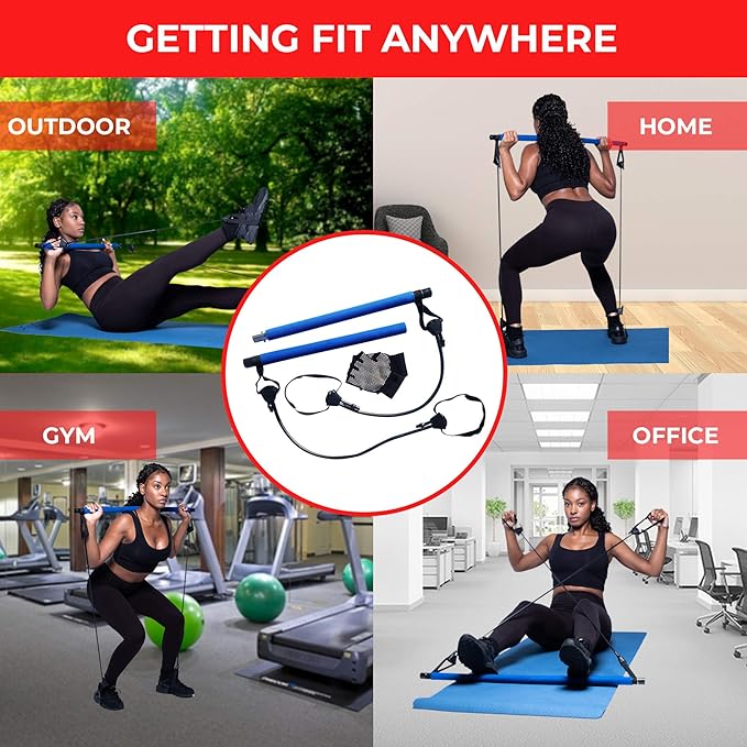 Pilates Bar Stick – Professional Pilates Bar Kit for Home & Gym Workout – Adjustable Resistance Bar – Suitable for All Fitness Levels – Yoga Pilates Bar Kit with Foot Loop and Bonus Gloves
