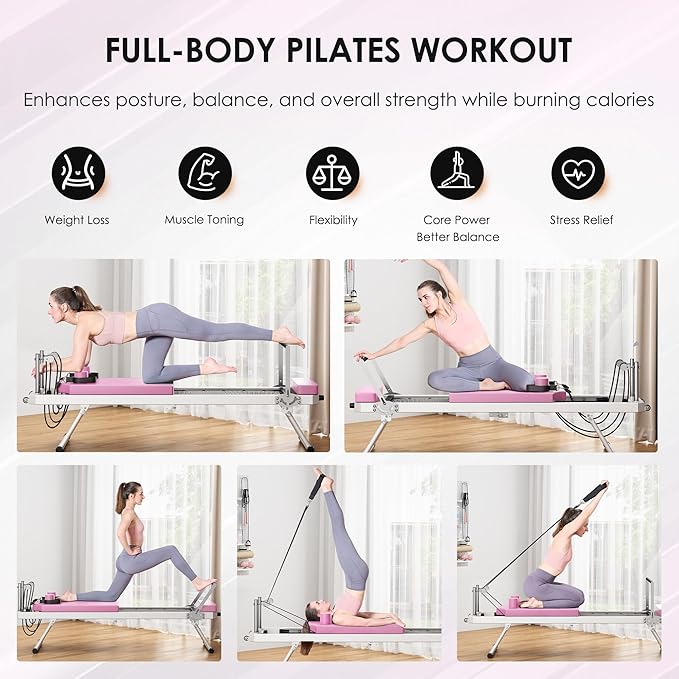 SogesHome Foldable Pilates Reformer Machine for Home Gym, Compact Fitness Reformer with Resistance Springs, Full Body Workout Equipment for Core Strength, Flexibility, Weight Loss, Stability