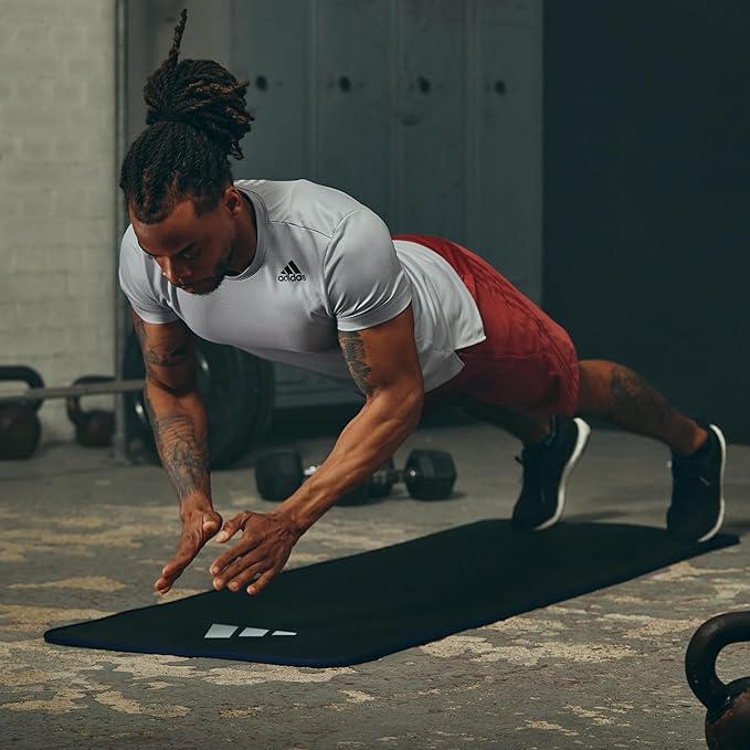 adidas 10mm Extra Thick Training Mat with Carrying Strap and Non-Slip Textured Base - Cushioned Workout Mat for Home Gym, Floor Workouts, and Intense Exercises - Portable and Durable