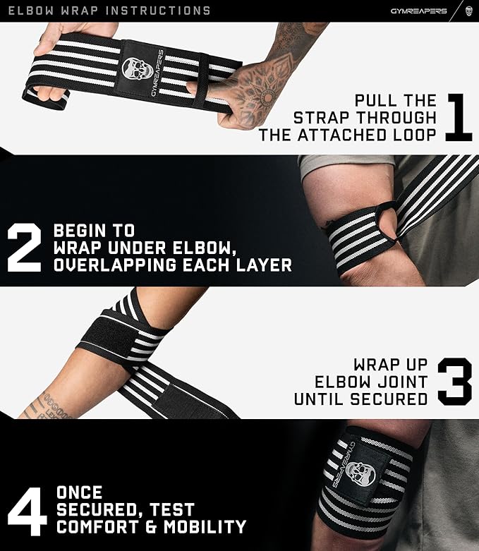 Gymreapers Weightlifting Elbow Wraps (1 Pair) - Flexible 40'' Elbow Compression Strap & Joint Support Brace - for Bench Press, Powerlifting, and Pressing