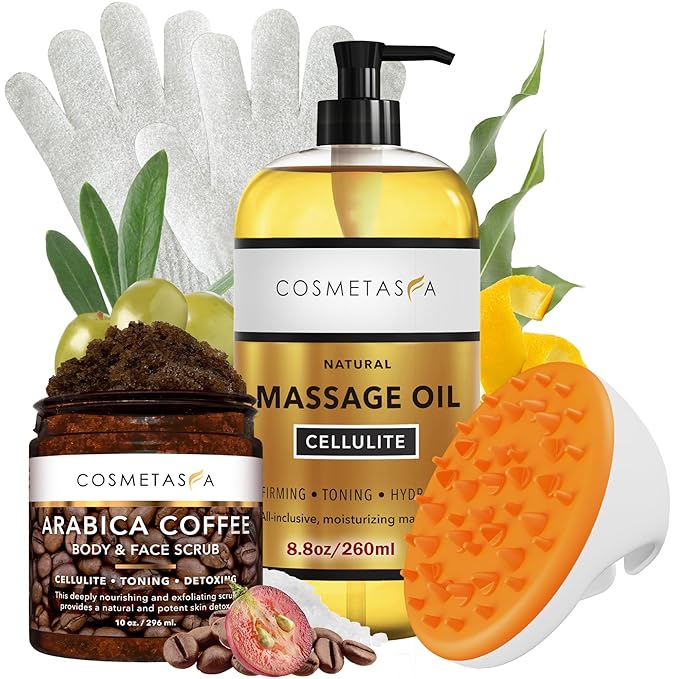 Cosmetasa Anti Cellulite Massage Oil Kit - Organic Arabica Coffee Face & Body Scrub, Exfoliating Gloves, Massager Mitt - Gift Set