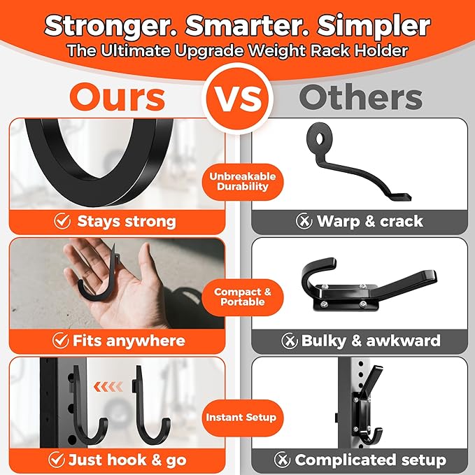 6 PCS J Hooks for Squat Rack,Power Rack Attachments for Home Gym Storage,Portale Squat Rack Accessories, Storage Hook Holder for Resistance Bands, Barbell Collars and Gym Accessories