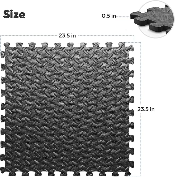 24 Pack Home Gym Mat, Puzzle Exercise Mat, EVA Interlocking Foam Floor Tiles for Home Workout Equipment and Kids' Play Areas - Black, 24 in x 24 in x ½ in - 24 Tiles (Black, 24 Pack, 96 SQ FT)