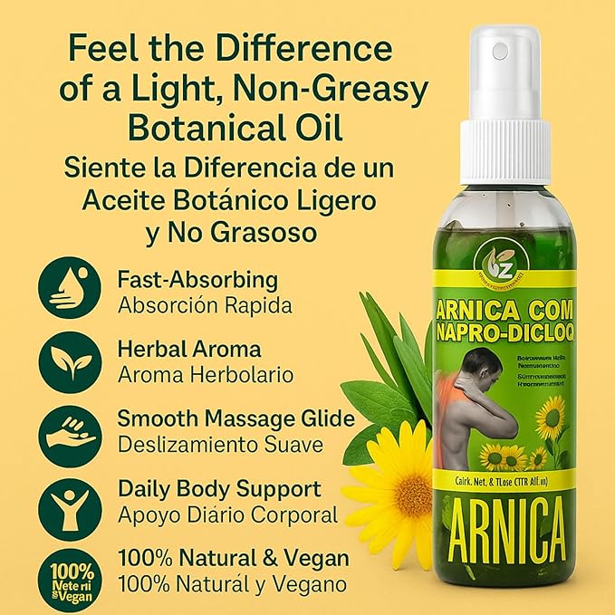 Arnica Sore Muscle Massage Oil(Aceite) – 6 fl oz – Natural Concentrated Body Oil for Muscles, Joints & Massage Therapy – Fast-Absorbing – Fresh Herbal Aroma – Soothing Relief – Daily Use Solution