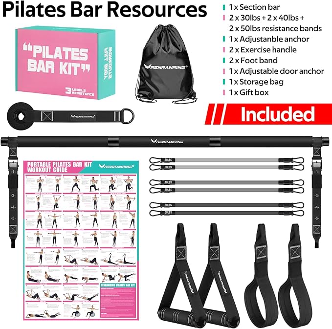 Pilates Bar Kit with Resistance Bands, Multifunctional Pilates Bar for Women & Men with Heavy-Duty Metal Adjustment Buckle, Pilates Home Equipment for Full BodyWorkouts