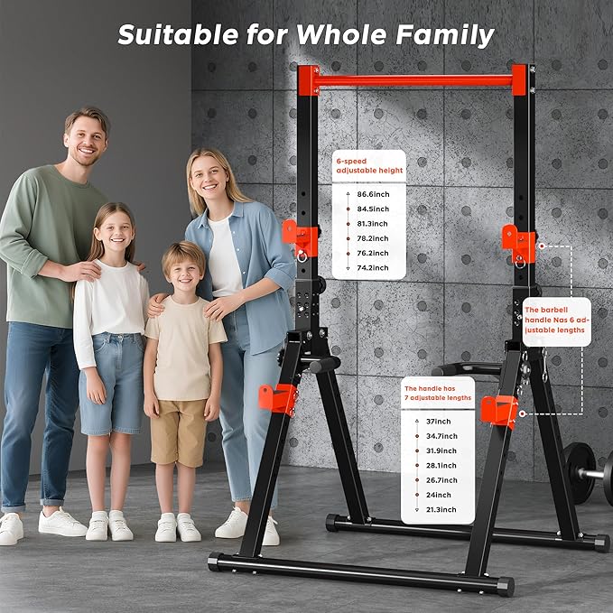 DlandHome Foldable Power Tower Pull Up Bar Dip Station, Adjustable Height Multifunction Workout Pull Up Tower Station for Home Gym, Strength Training Equipment, Triangular Legs, Up to 330lbs