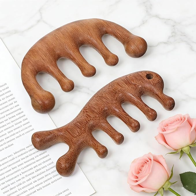 2 PCS Massager Comb, Sandalwood Wooden Scalp Comb Portable Gua Sha Combs Wide Tooth Scalps Massager Combs with 1 PCS Storage Bag for Men Women Head Neck Face Care Relaxation