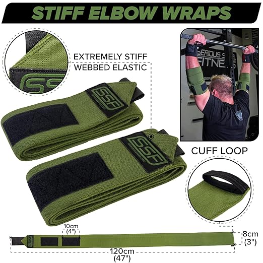 SERIOUS STEEL FITNESS Weightlifting Elbow Wraps (Pair 120 cm (47") or 160 cm (63")) (120 CM (47" - Green - Stiff))