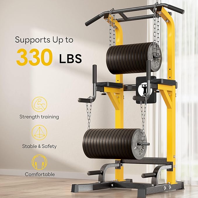 Pull Up Bar Station, 10-Level Height Adjustable Wall Mounted Home Gym, 330 lbs Capacity with Dip Bars & Push Up Handles, for Chin Up, Dips, Leg Raise (Black/Red/Yellow)
