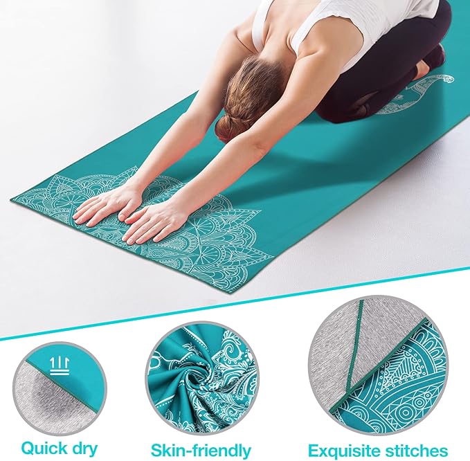 MoKo Hot Yoga Towel, Non-Slip Yoga Mat Towel with Grip Dots, 74.4"×27.3" Yoga Mat Cover for Pilates, Fitness, Meditation, Swimming Pool, Beach, Travel Yoga Mat with Corner Pockets