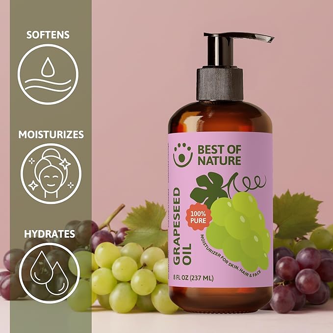 Best of Nature 100% Pure Grapeseed Oil - Unscented, Lightweight, Non-Greasy Moisturizer for Hair, Skin, Face & Aromatherapy, Carrier Oil for Essential Oils, Half Gallon (64 fl oz)