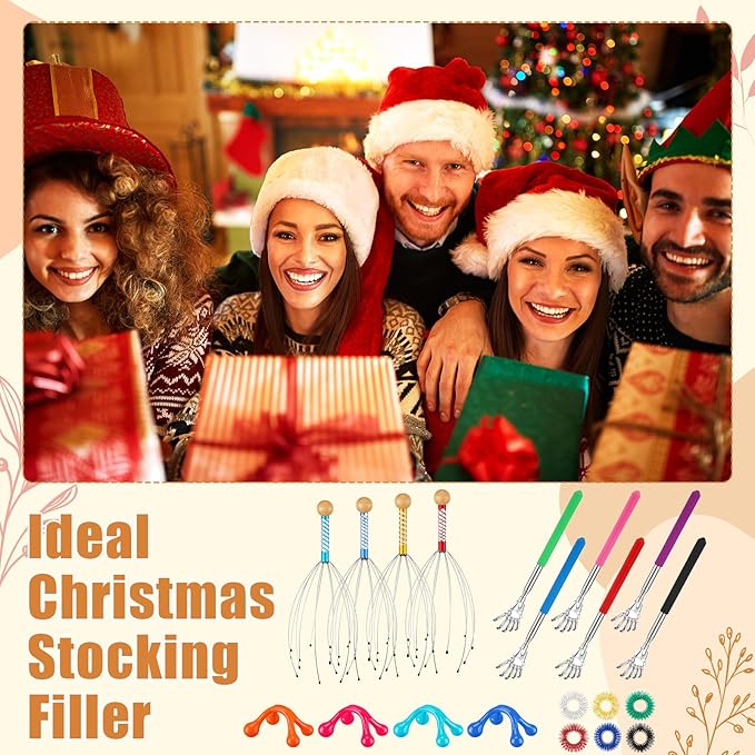Geiserailie 48 Pack Massage Gifts, Head Scratcher Scalp Massagers, Extendable Back Scratchers, Four Point Massage Tools, Finger Massager Rings for Grandparents Teacher Father Mother Men Women Gifts