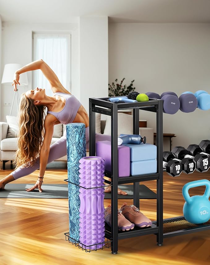 3-Tier Dumbbell Rack Stand Only - Adjustable Weight Rack for Home Gym, Heavy-Duty Weight Stand for Dumbbells Kettlebells Foam Roller Yoga Mats, Workout Equipment Storage Organizer With Hooks