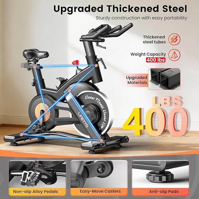 Exercise Bike for Home, Quiet Adjustable Magnetic Stationary Bike for Home Cardio with App Compatible, Spin Bike with 400 lbs Capacity, Spinning Bike with Heart Rate Monitor,Comfort Seat/Alloy Pedals/LCD Monitor