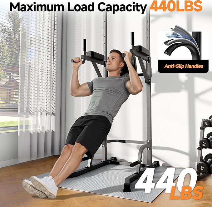Power Tower Pull Up Station for Home Gym, Dip Station with Splayed H-Shaped Base, 440LBS Capacity, Adjustable Height Workout Station for Pull-ups, Dips & Leg Raises