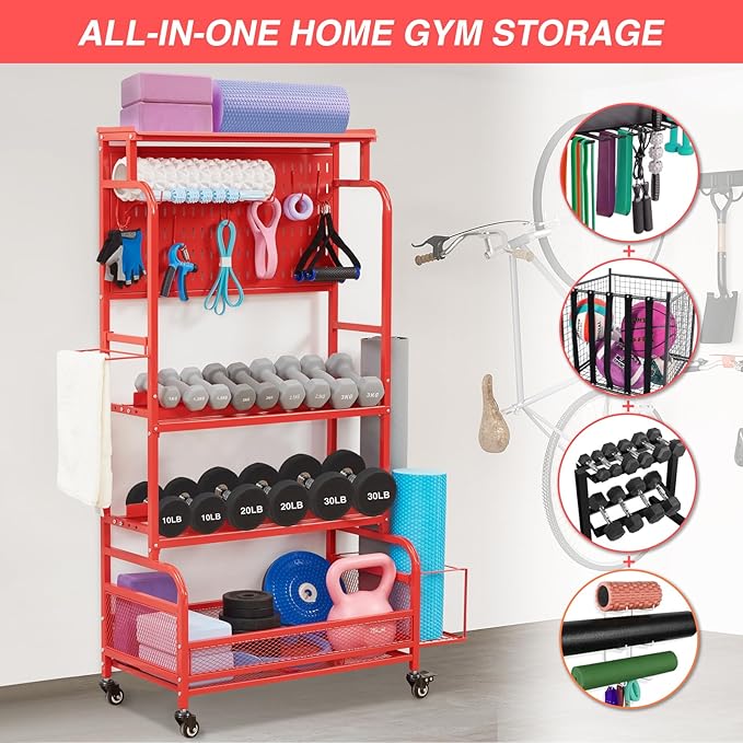 56'' Taller Home Gym Storage Organizer, Yoga Mat Storage Rack with Hanging Board, Exercise Workout Equipment Storage Stand for Home Gym, Dumbbell Holder Kettlebell Rack with Wheels and Hooks