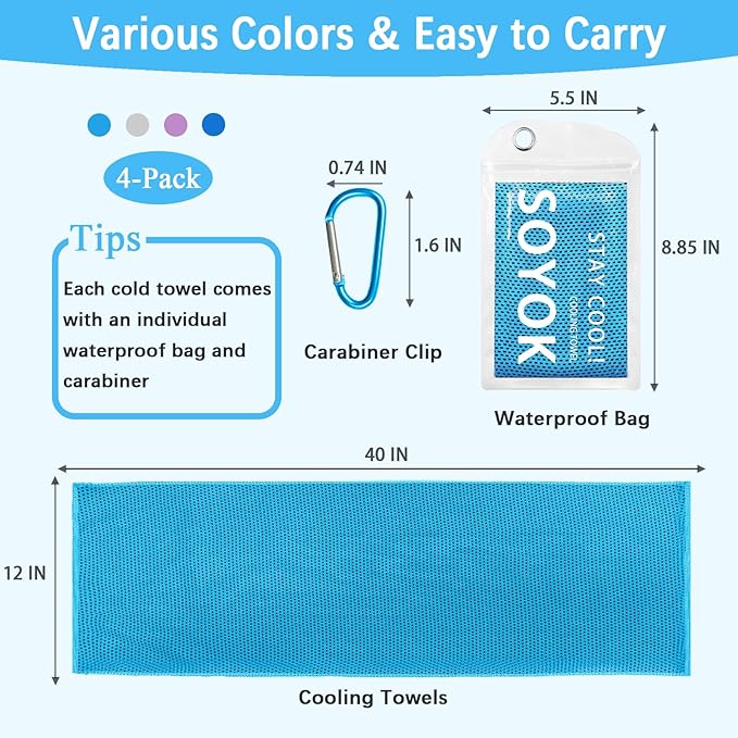 4 Packs Cooling Towels, 40" x 12" Microfiber Cooling Towels for Neck and Face, Soft Breathable for Working Out with Waterproof Bag & Carabiner, Suit for Climb,Travel, Running,Yoga