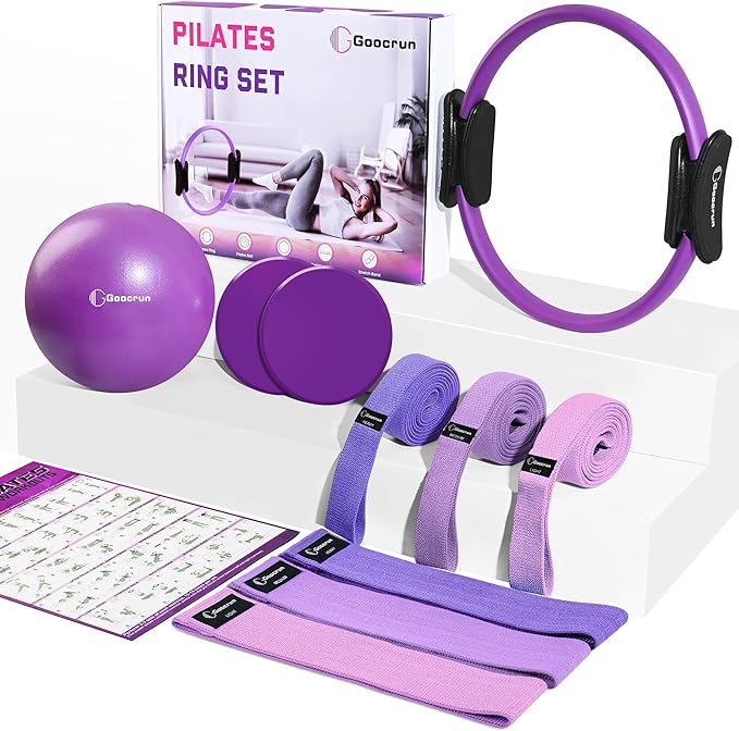 Pilates Ring Set Exercise Equipment, with Exercise Resistance Bands Set, Pilates Ball, Sliding Disks. Portable Home Gym - with Fitness Guide Poster