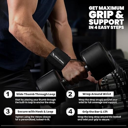 Real Steel Premium Wrist Wraps for Weightlifting for Men & Women - 24" Gym Wrist Wraps with Thumb Loop | Weight lifting accessories for Gym, Pain Relief Support and Training | Support Braces |1 Pair